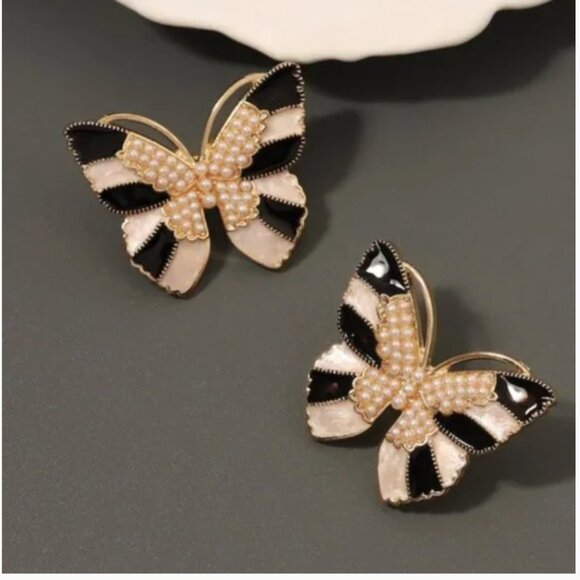 ⭐️❤️ FREE Butterfly Striped Bug Insect Chic Pearl Faux Hip Hipster Art Earrings - Picture 4 of 6